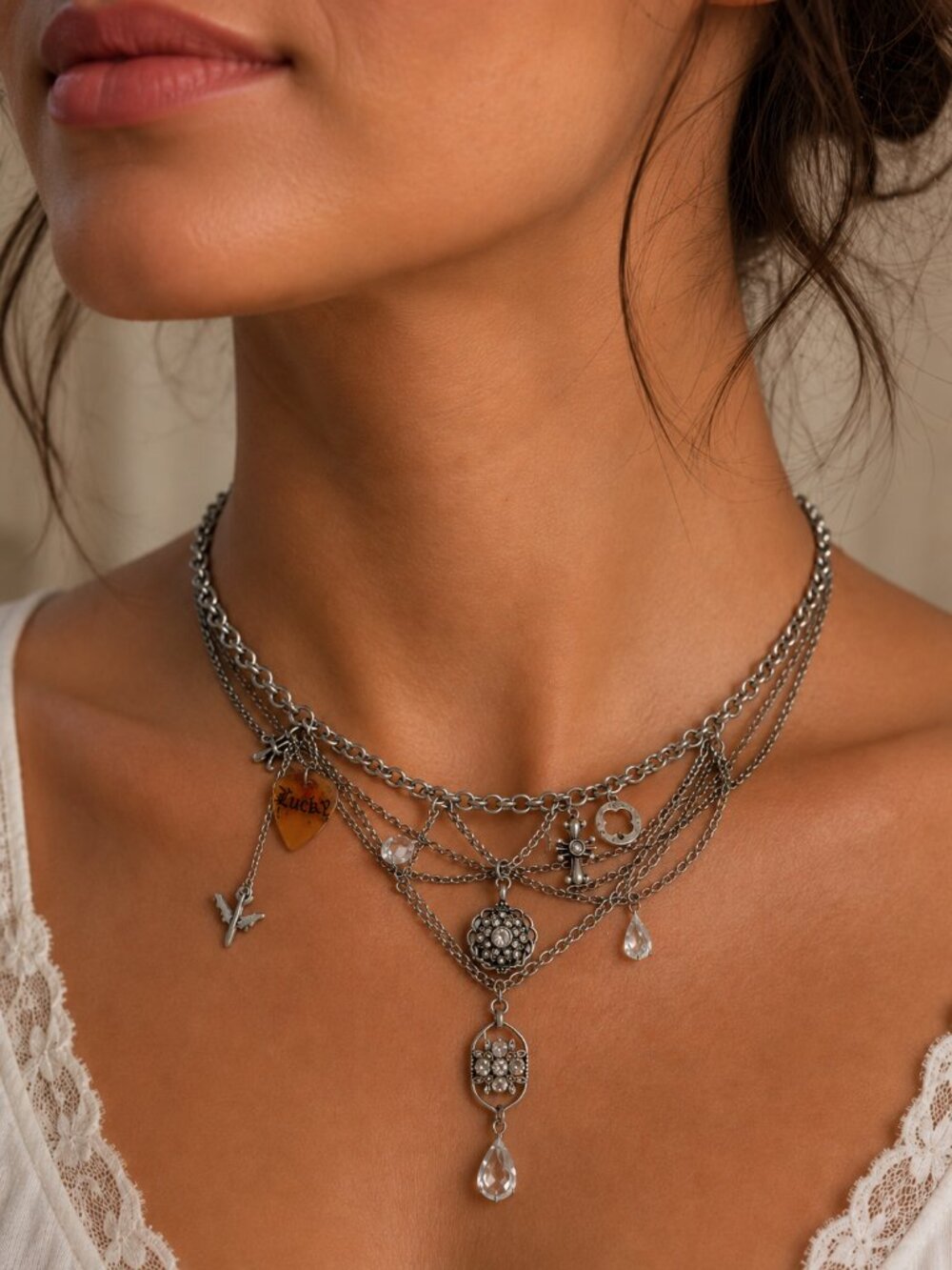 Lucky Brand Layered Chandelier Charm Necklace